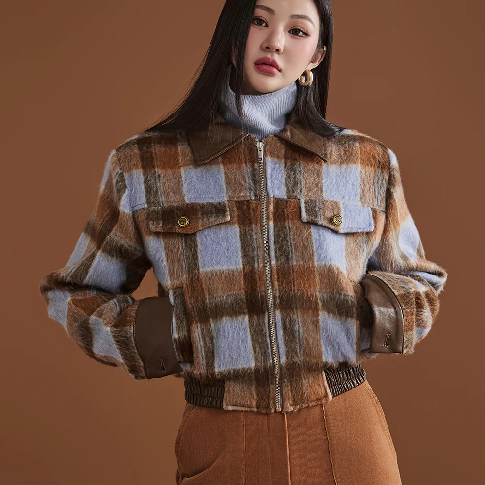 J2107 Plaid Color Contrasting Blouson Jacket - Image 2