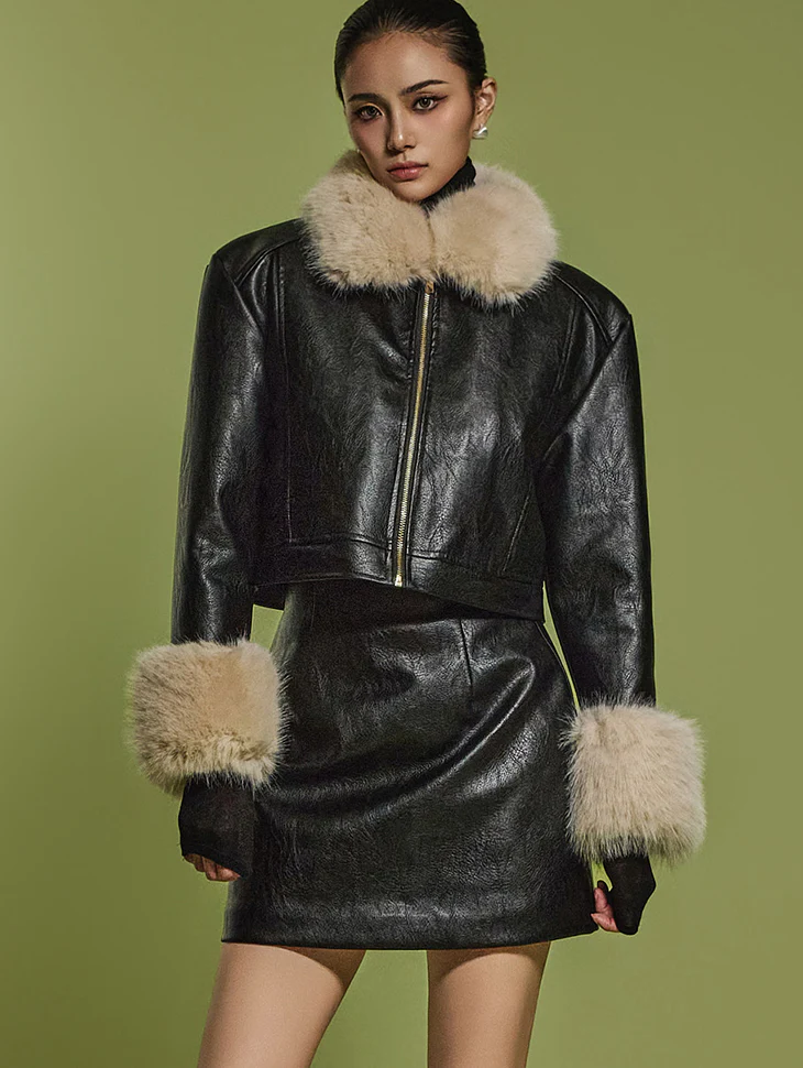 J2468 Leather cropped Jacket*Fur Detachable*