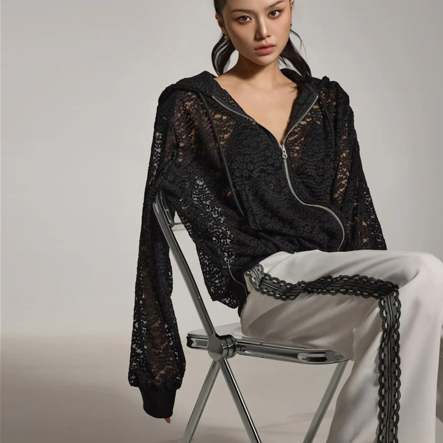 J2783 Lace Hooded Zip-Up Jacket - Image 2