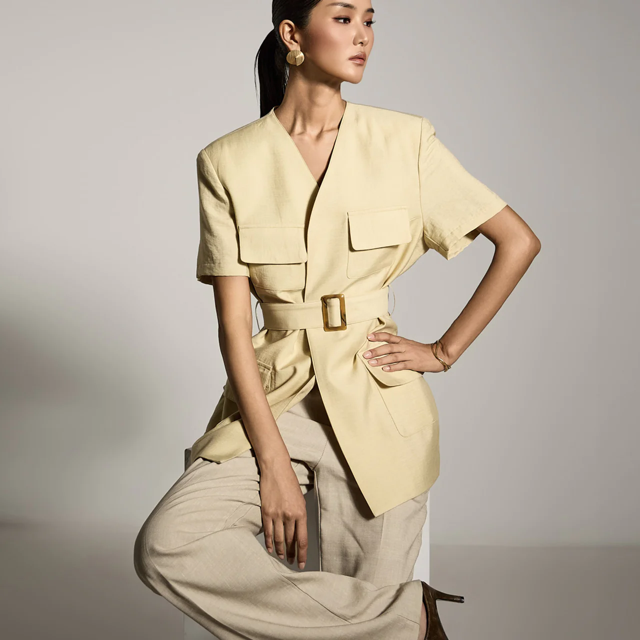 J2798 Collarless Jacket with Belt - Image 2