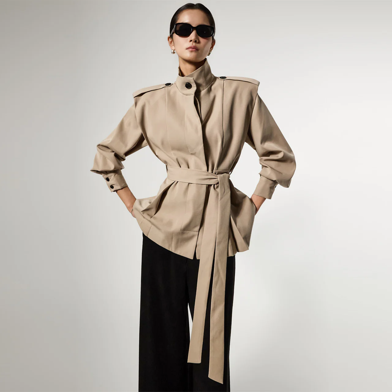 J3168 High-Neck Trench Jacket with Belt - Image 2