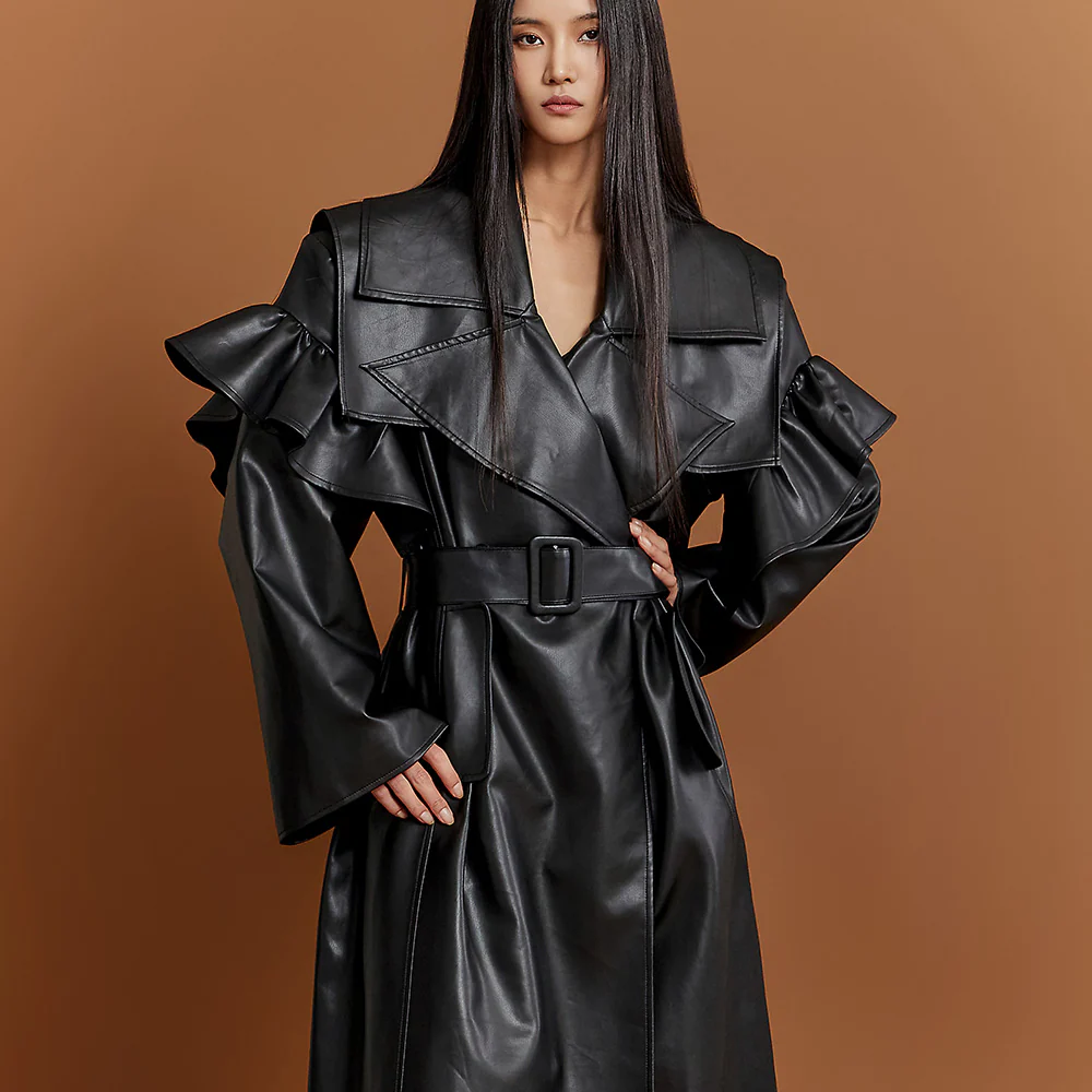 J9274 Leather Big-collar Coat with Belt - Image 2