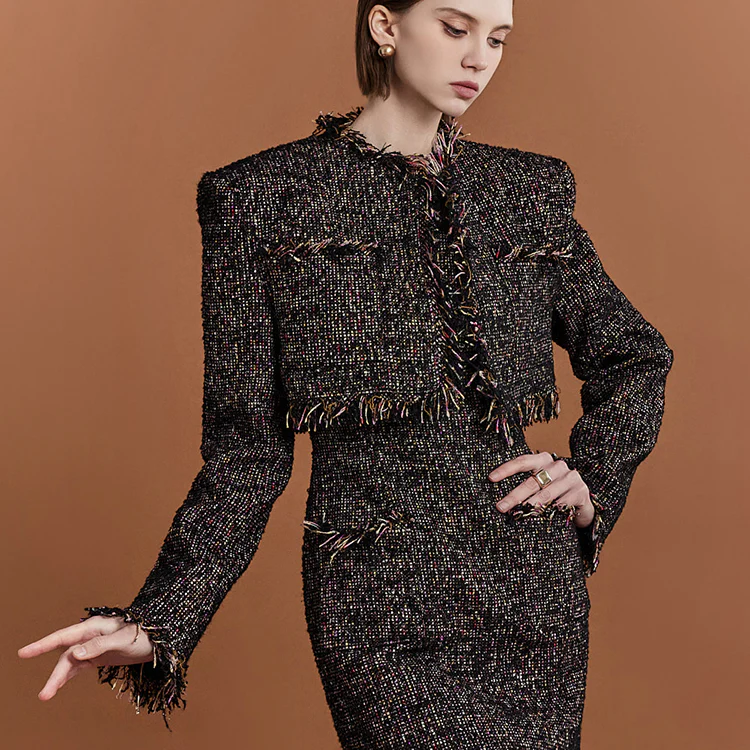 J9276 Tweed Fringe Crop Pad Single Jacket - Image 2