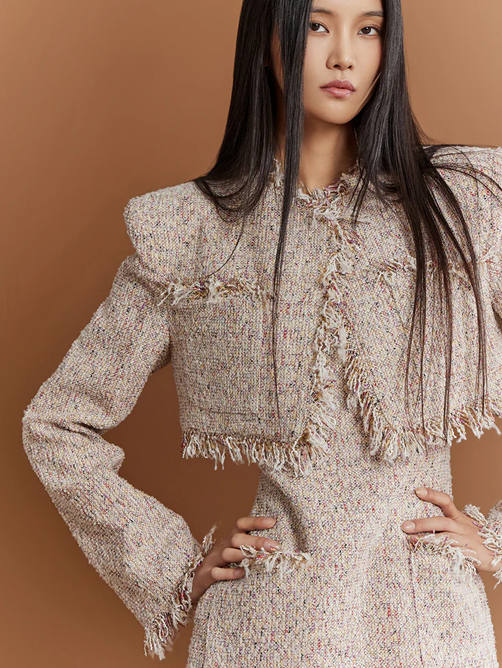 J9276 Tweed Fringe Crop Pad Single Jacket