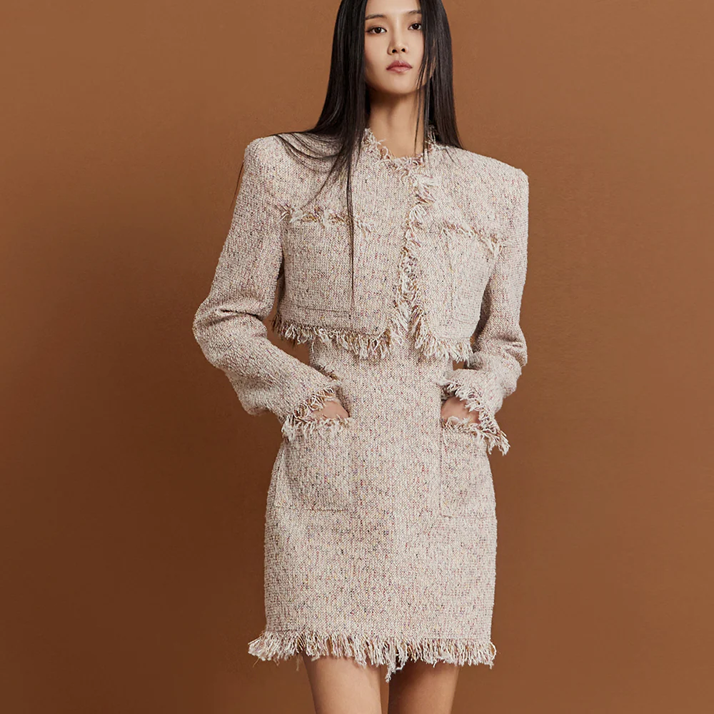 J9276 Tweed Fringe Crop Pad Single Jacket - Image 2