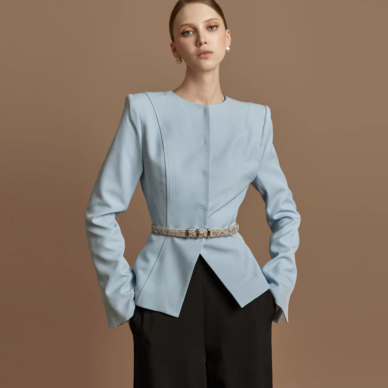 J9310 Collarless Jacket with Belt - Image 2