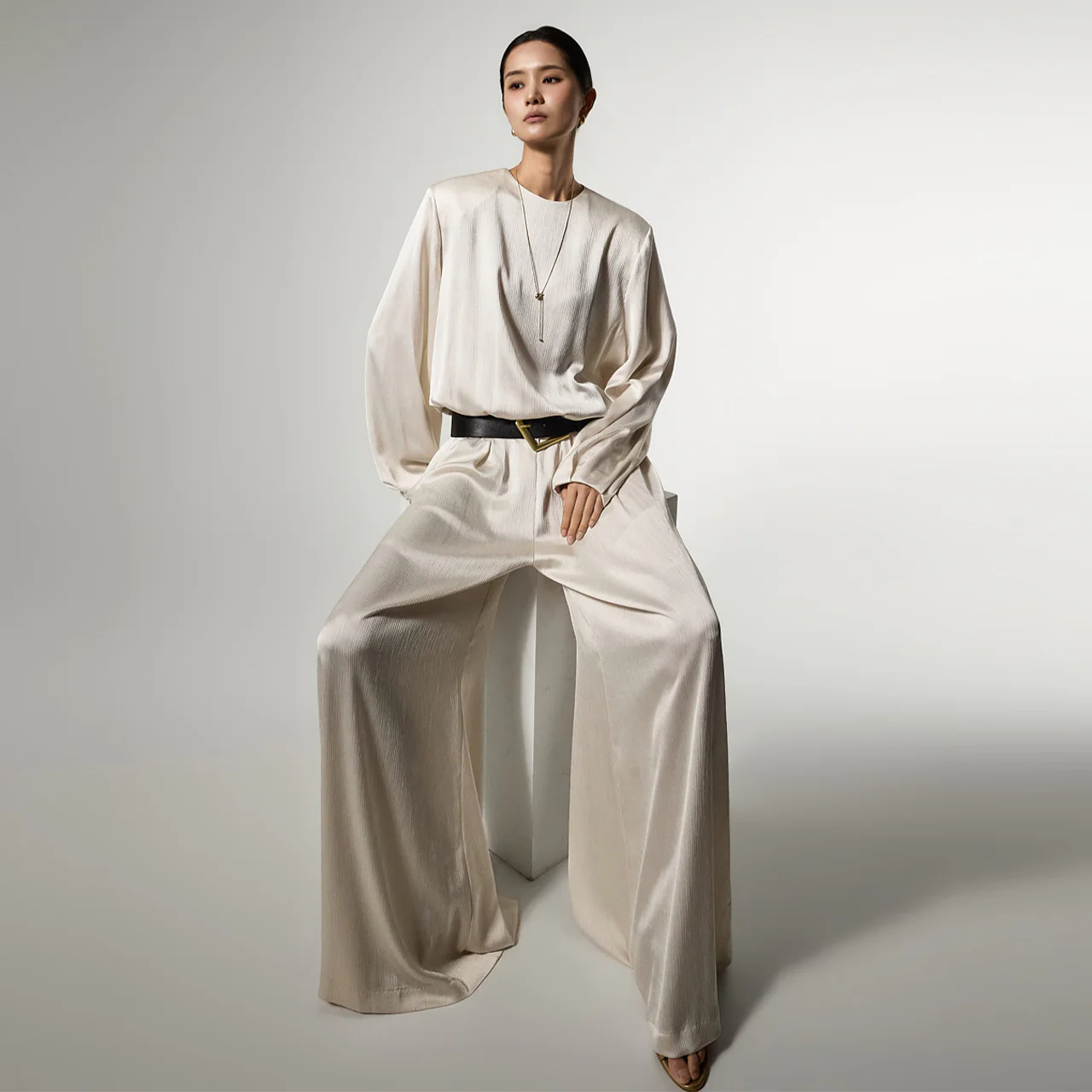 JS9027 Satin Jumpsuit with Belt - Image 2