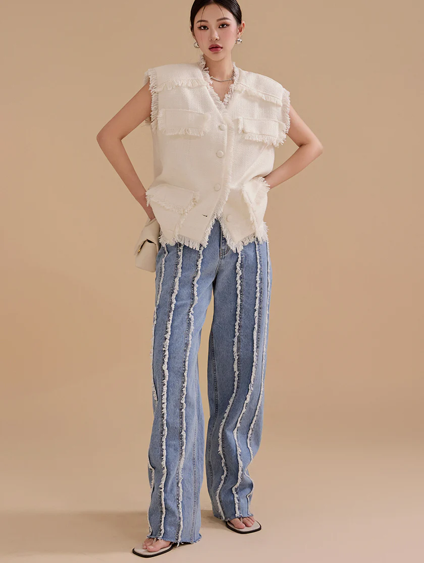 PJ471 Fringe Semi Baggy Jeans