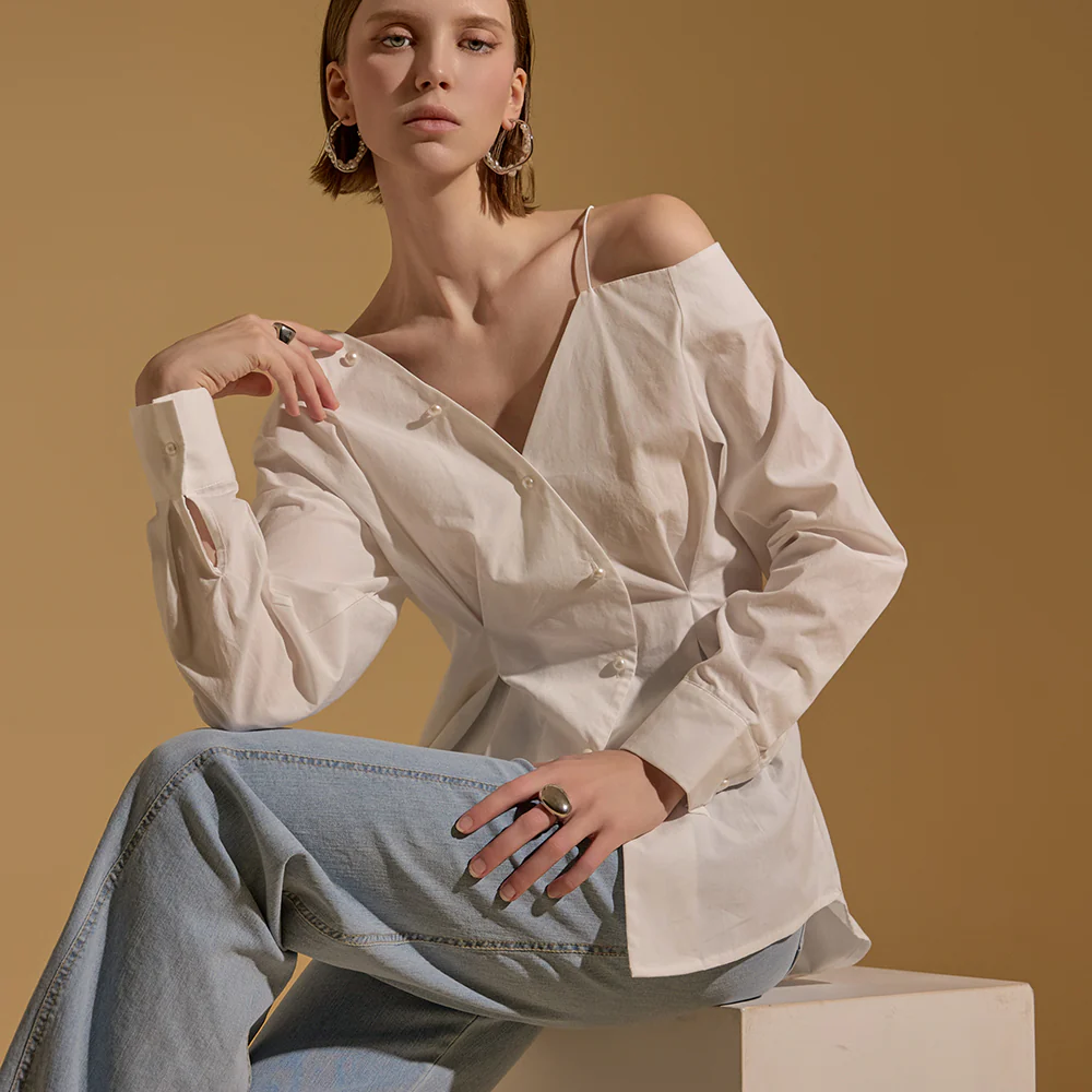 S564 One Shoulder Pearl Button Shirt - Image 2
