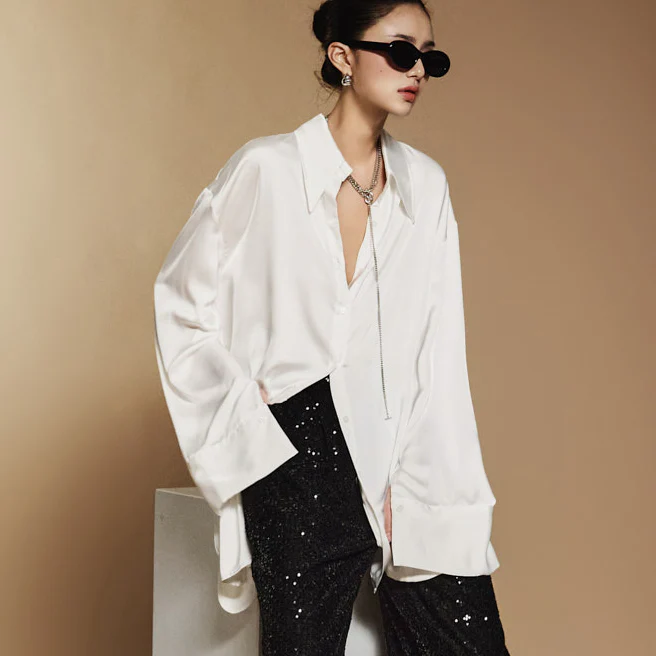 S672 Satin Oversized Fit Shirt - Image 2