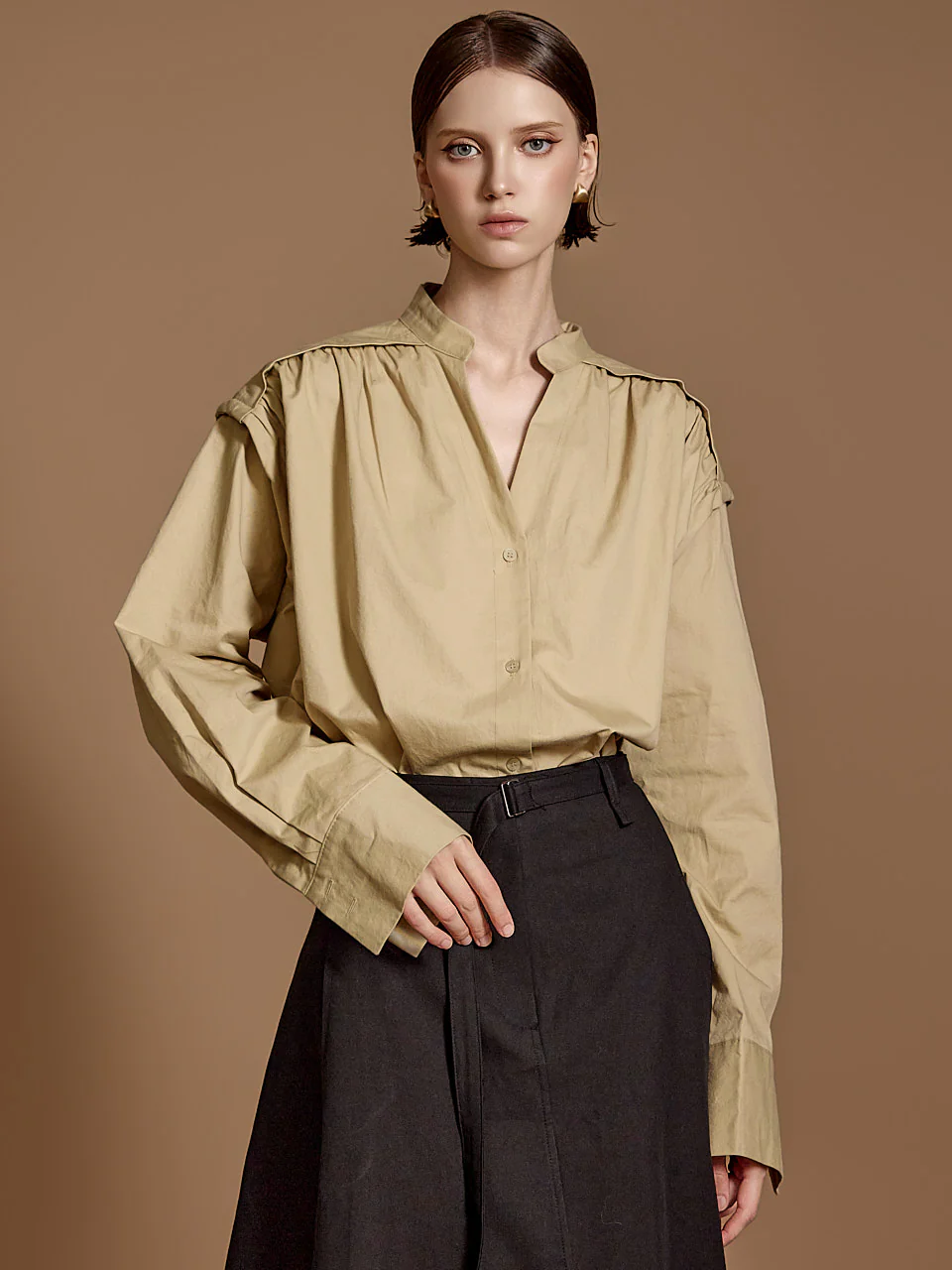 S681 Pintuck Henry Neck Shirt