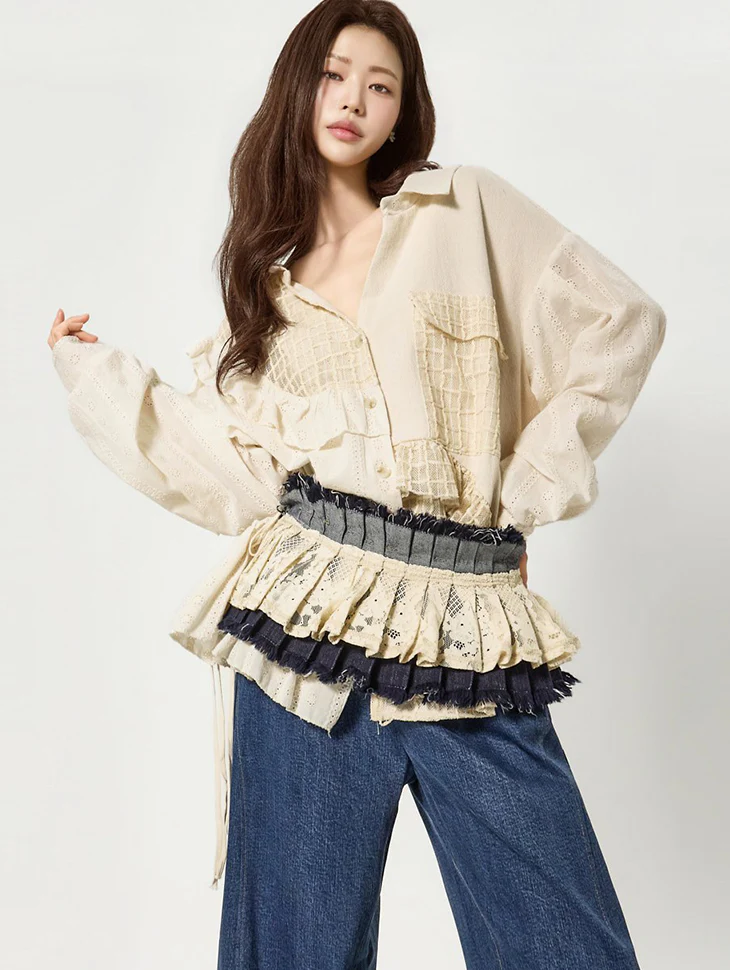 S857 Frill Mix V-Neck Shirts