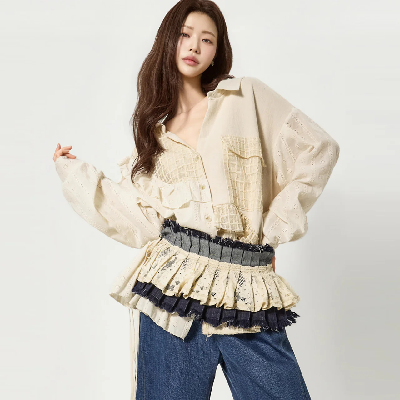 S857 Frill Mix V-Neck Shirts - Image 2