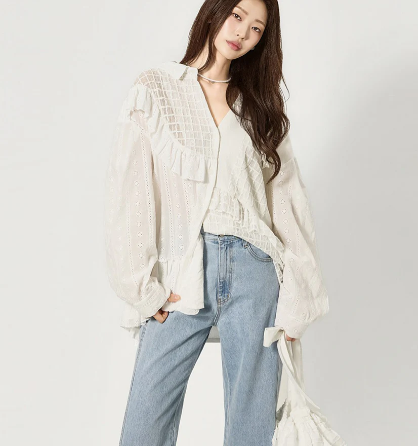 S857 Frill Mix V-Neck Shirts - Image 2