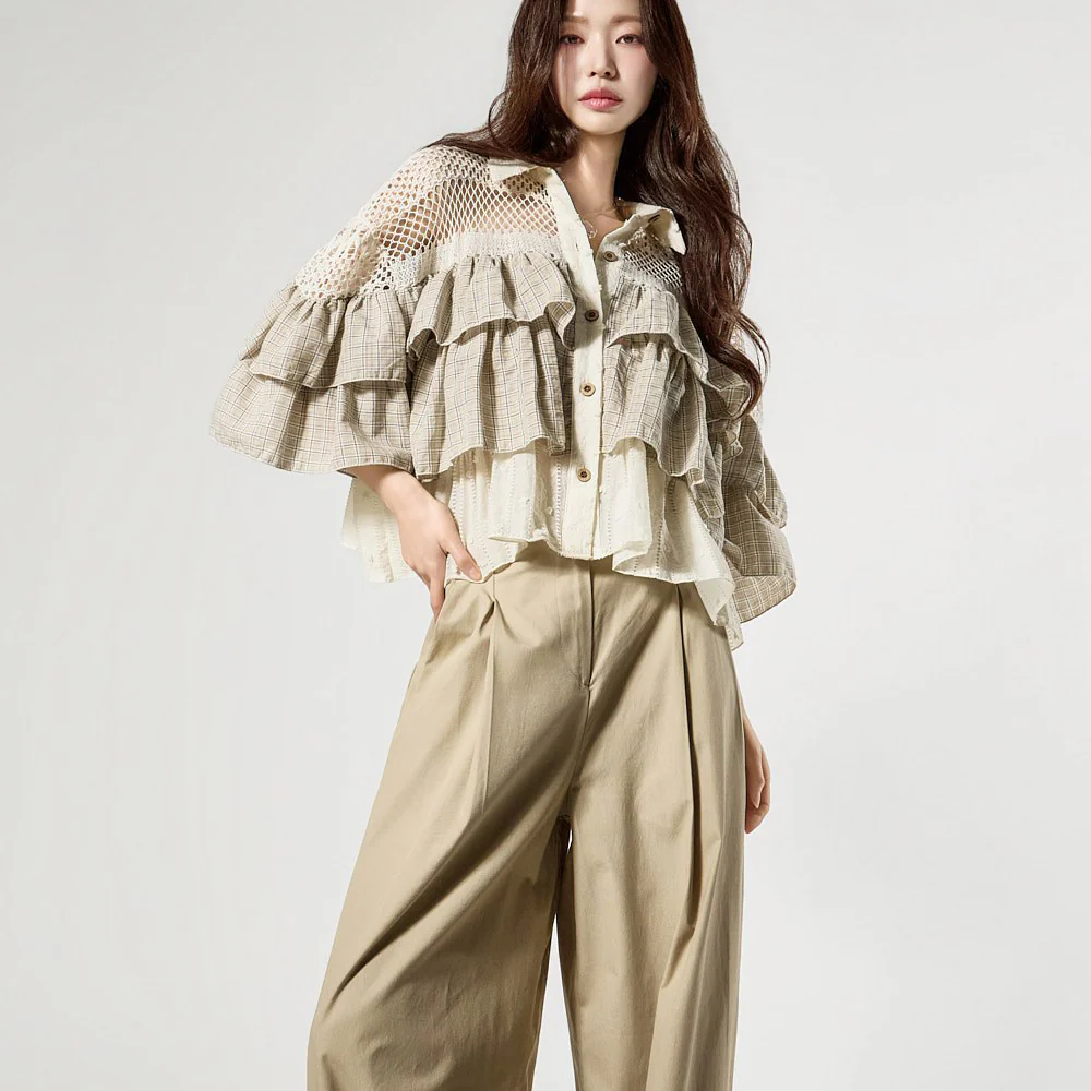 S869 Crochet Frill Check Shirts - Image 2