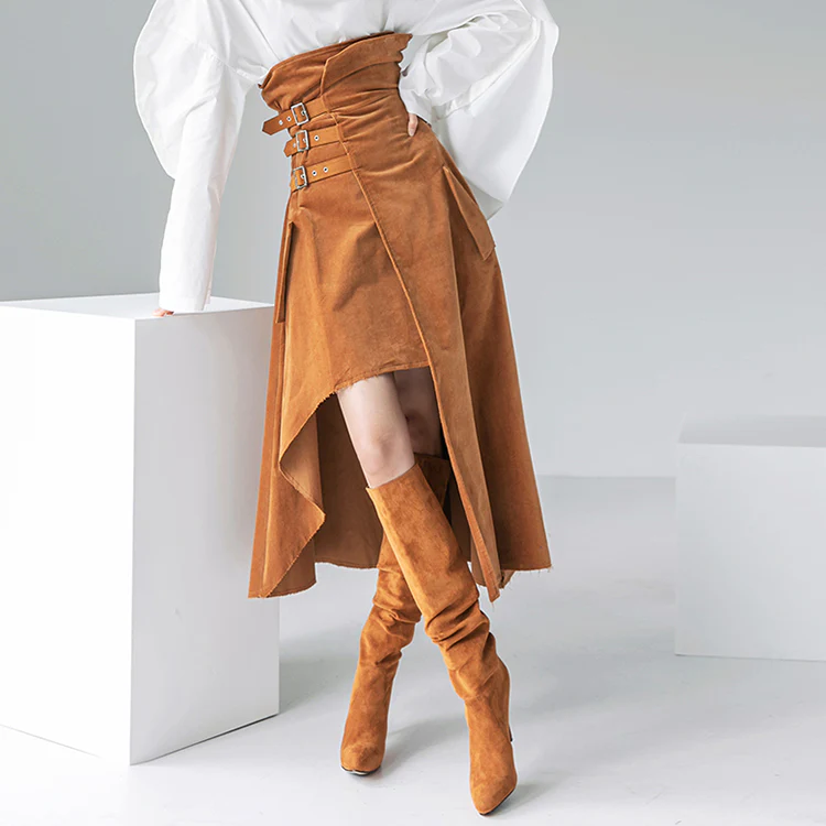 SK2222 Suede Buckle Unbalance Skirt - Image 2