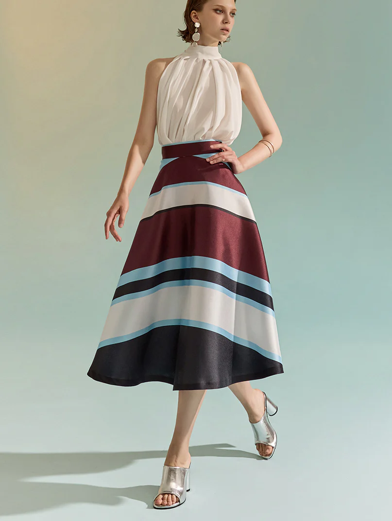 SK2509 Glossy Stripe Flare Midi Skirt