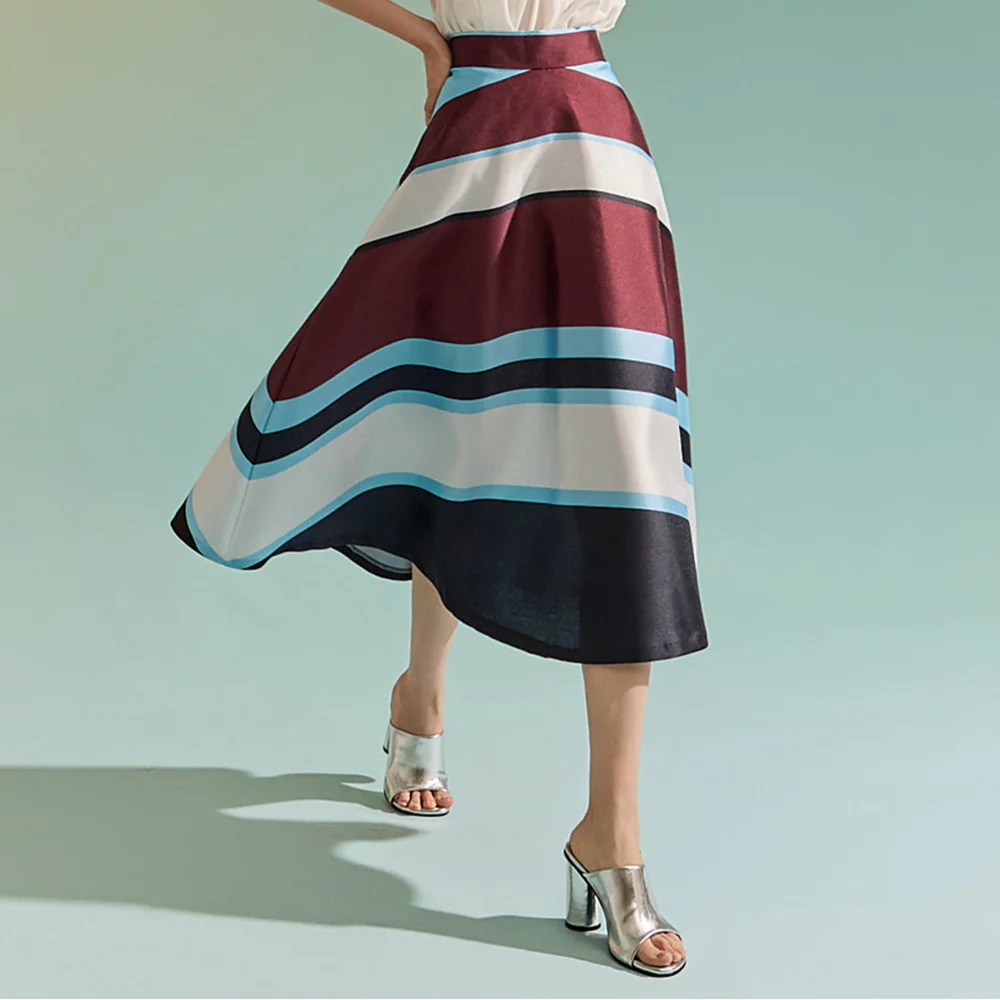 SK2509 Glossy Stripe Flare Midi Skirt - Image 2