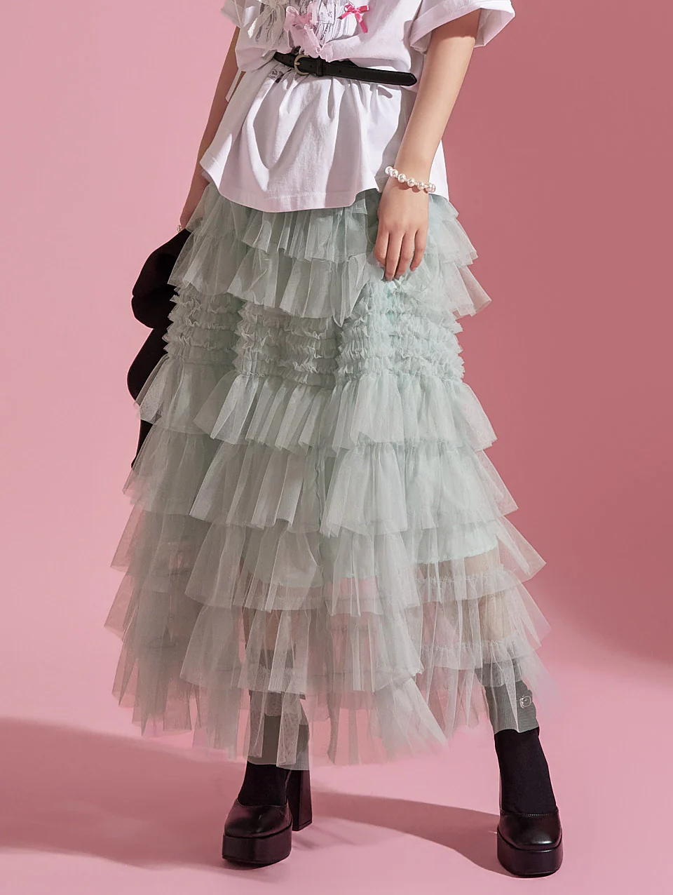 SK2637 Tulle Tiered Elastic Waist Long Skirt