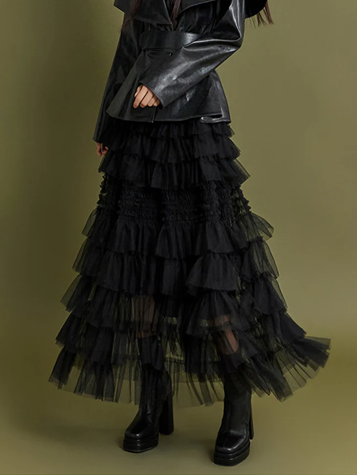 SK2637 Tulle Tiered Elastic Waist Long Skirt
