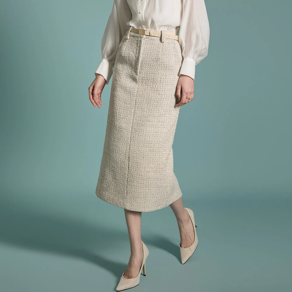 SK2844 Tweed Wool Skirt With Belt - Image 2