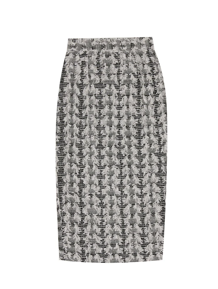 SK9225 Tweed Wool Fringe Midi Skirt