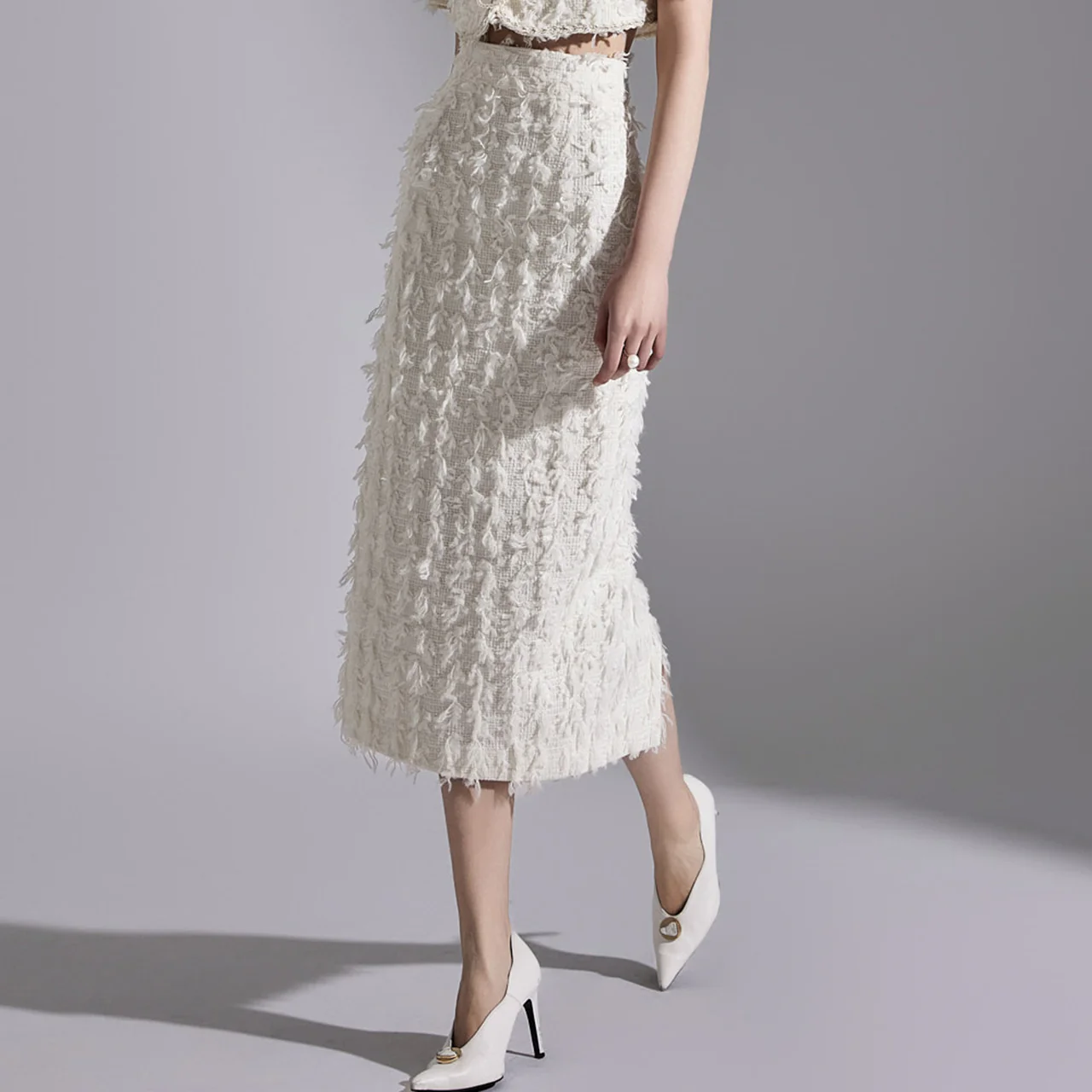 SK9225 Tweed Wool Fringe Midi Skirt - Image 2