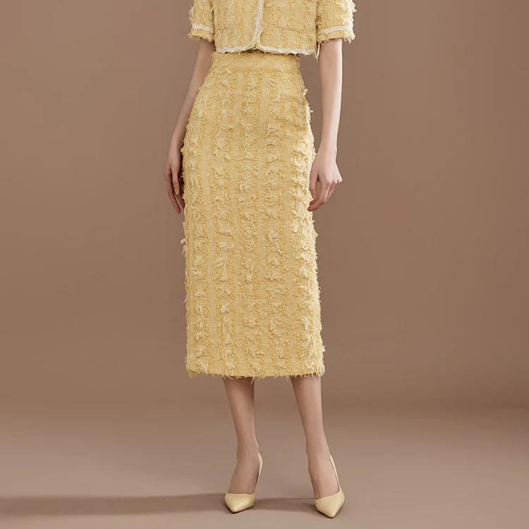 SK9225 Tweed Wool Fringe Midi Skirt - Image 2