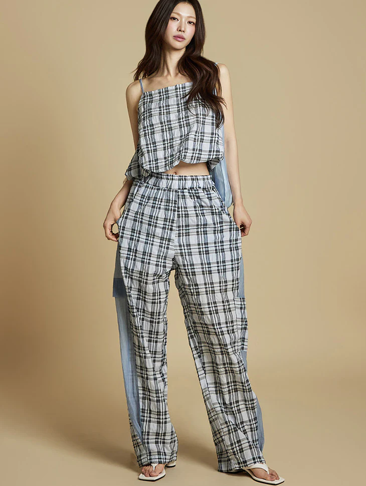 TP2191 Check pattern Sleeveless Top and Pants Set