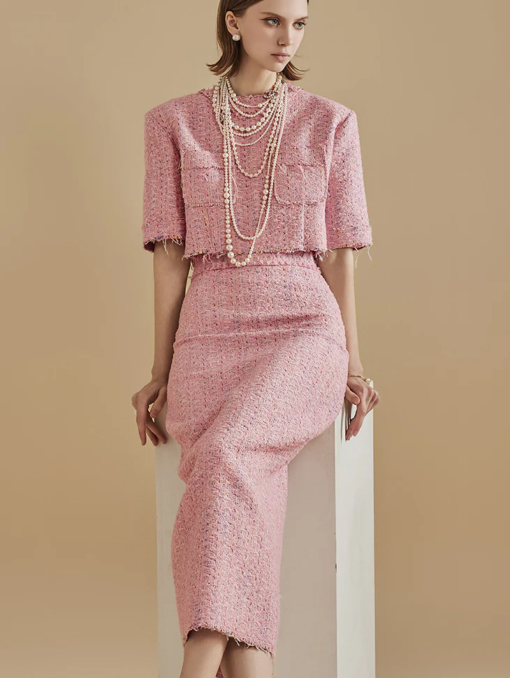 TP9116 Pastel Tweed Crop Blouse Two-piece Set