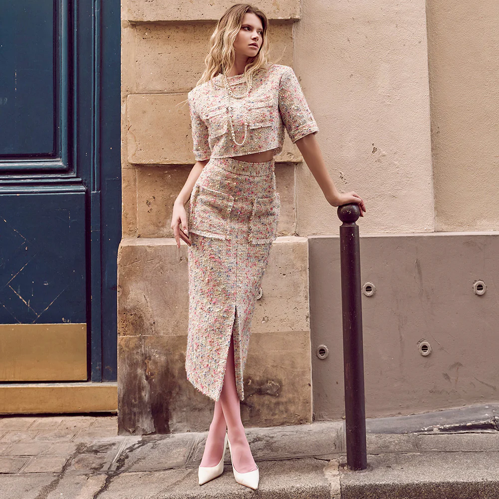 TP9137 Tweed Short Sleeve Blouse Two-piece Set - Image 2
