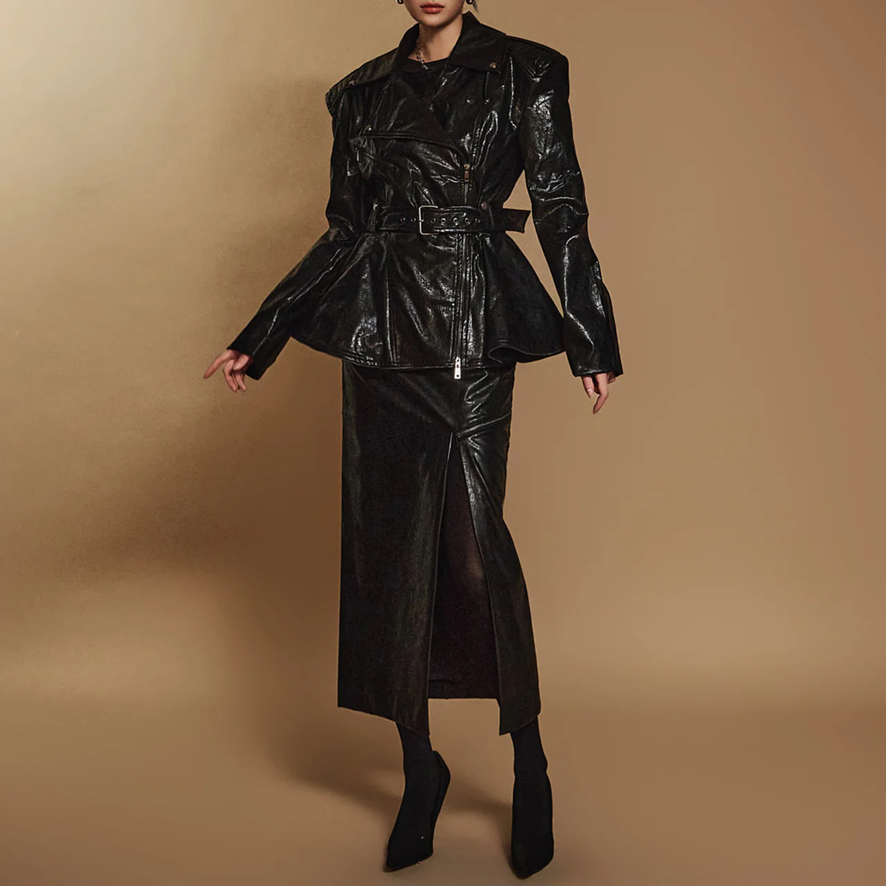 TP9139 Crackled Leather Belted Jacket and Skirt Set - Image 2